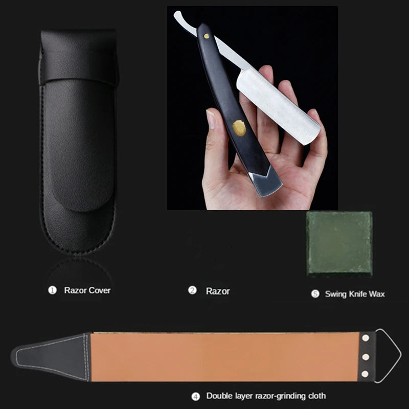 4PCS Stainless Steel Straight Razor Kit with Sandalwood Handle and Leather Bag