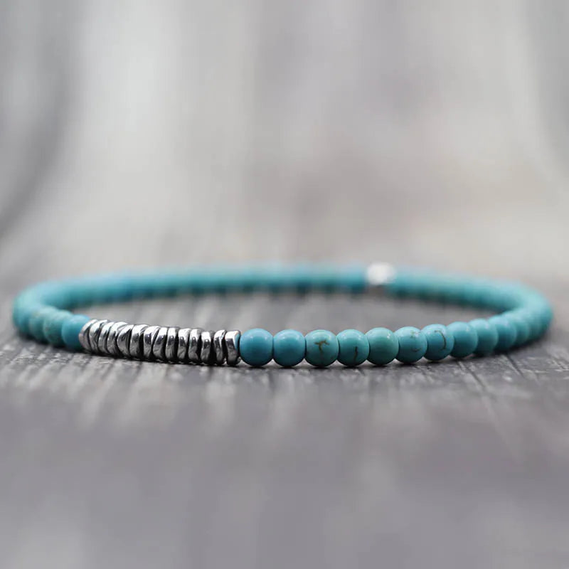 Men's Beaded Stone Bracelet with Elastic Cord - Natural Lava, Tiger Eye, Hematite, Silver Finish