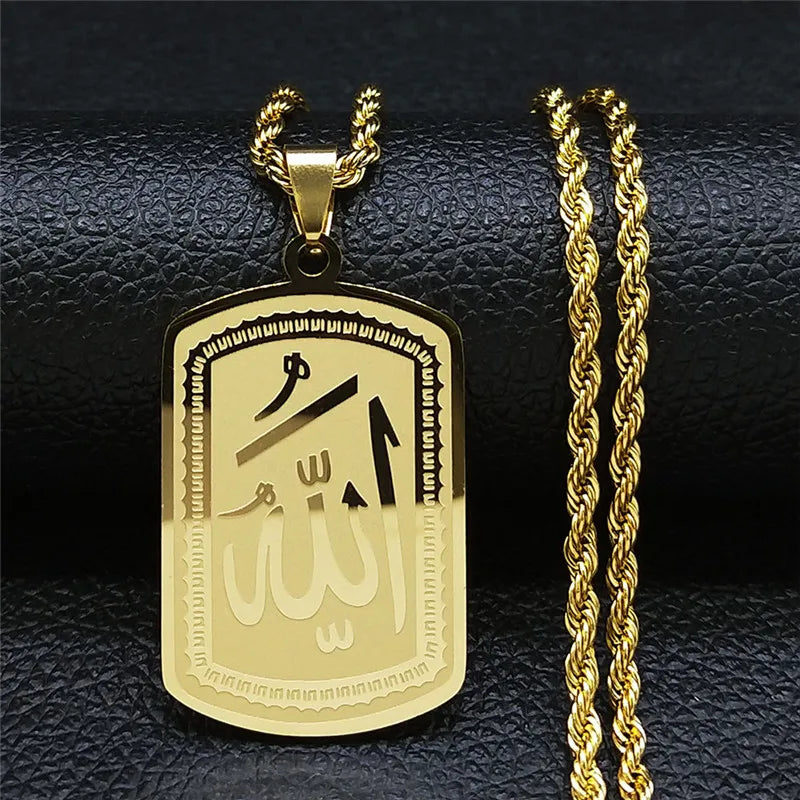 Islamic Quran Allah Stainless Steel Necklace for Men - Gold Chain Jewelry Statement Pendant