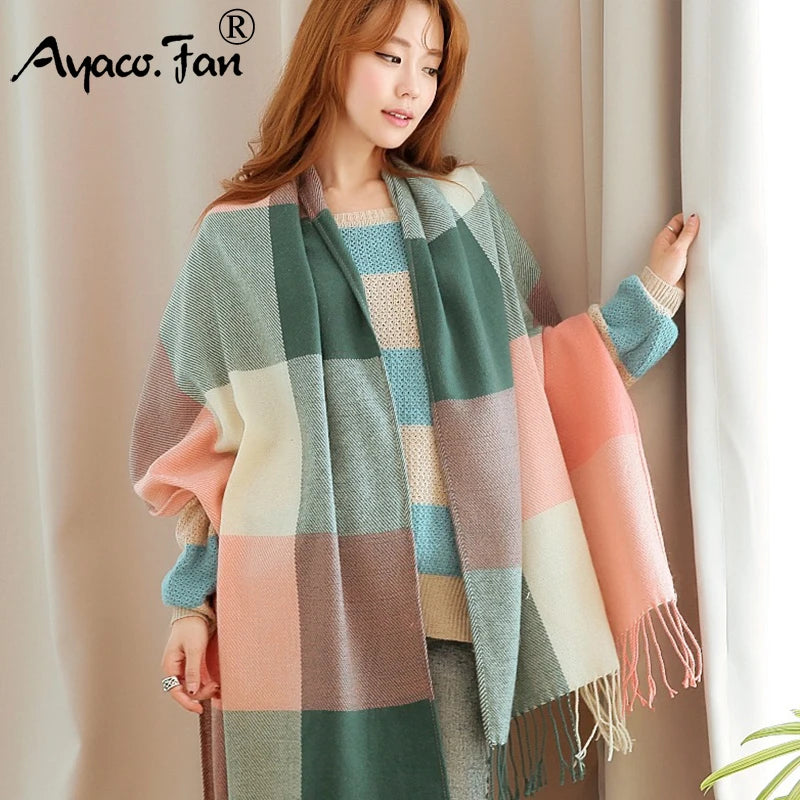 Women Cashmere Scarf Wool Plaid Wrap Long Shawl Warm Winter Accessory