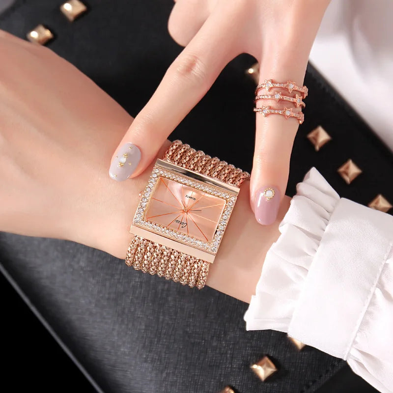 Fashion Women's Square Bracelet Wrist Watch with Diamond-Accented Quartz Movement