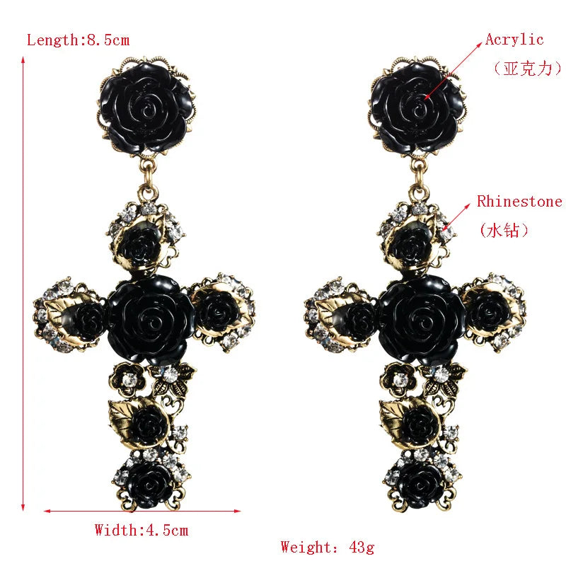 Vintage Gold Cross Earrings for Women Girls Enamel Rose Flower Statement Jewelry