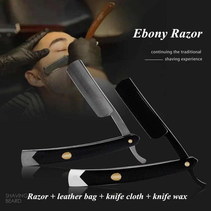 4PCS Stainless Steel Straight Razor Kit with Sandalwood Handle and Leather Bag