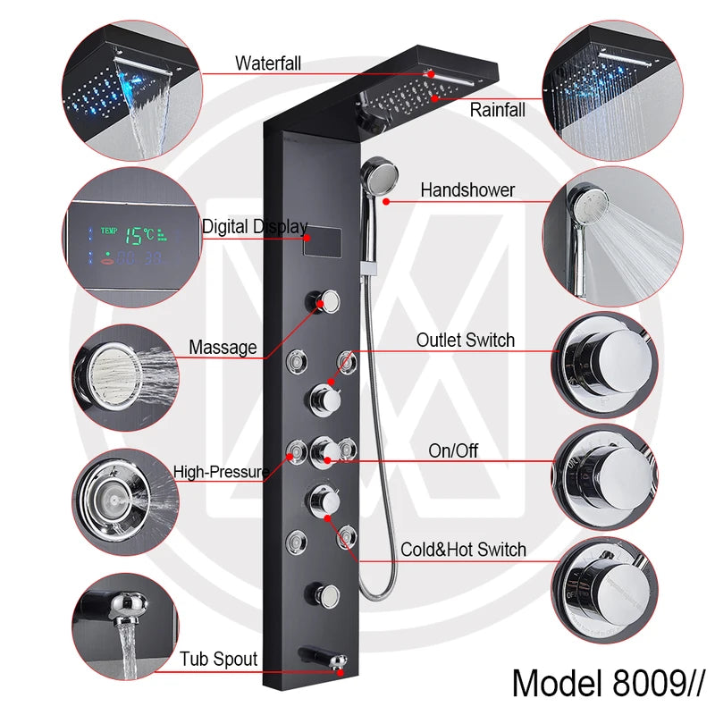 LED Shower Panel Waterfall Rain Digital Display Faucet Set SPA Massage Tower