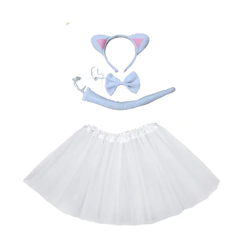 Cat Ear Cosplay Headband Tutu Skirt Tail Gloves Set for Halloween Carnival Birthday