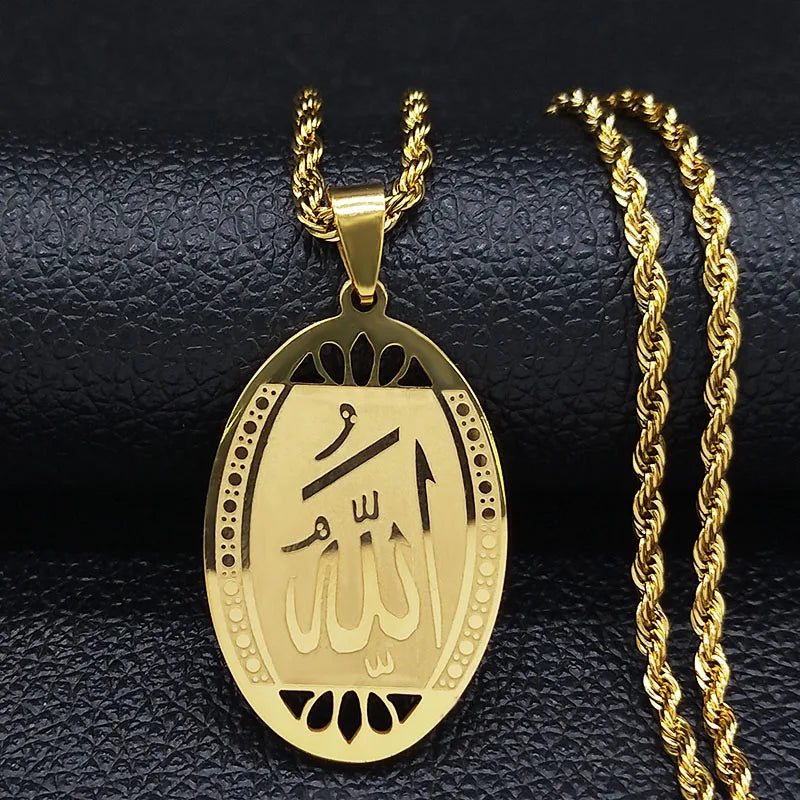 Islamic Quran Allah Stainless Steel Necklace for Men - Gold Chain Jewelry Statement Pendant