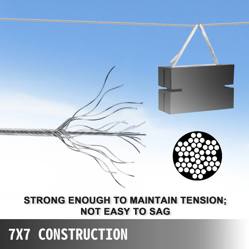 500 Feet Stainless Steel Wire Rope 7x7 Construction Heavy Duty Lifting & Fishing Cable 1.5-3.2mm