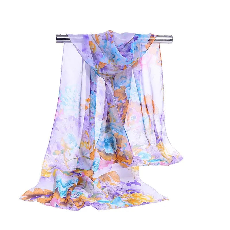 Fashion Print Chiffon Scarf with Floral and Striped Designs - Multiple Colors