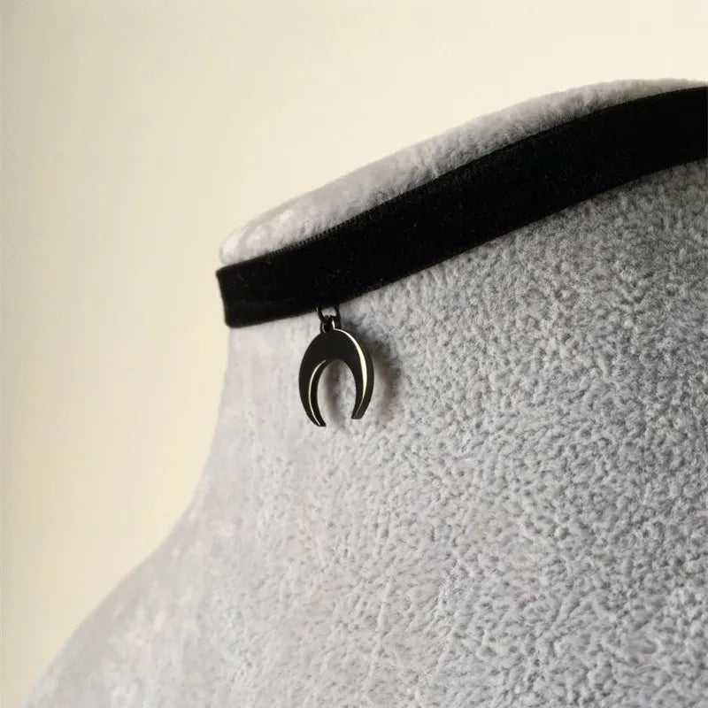 Gothic Crescent Moon Choker Necklace - Black Velvet Statement Jewelry for Women