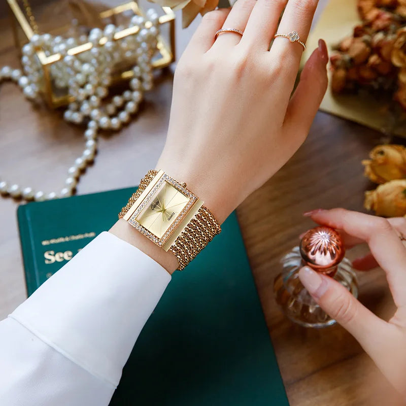 Fashion Women's Square Bracelet Wrist Watch with Diamond-Accented Quartz Movement