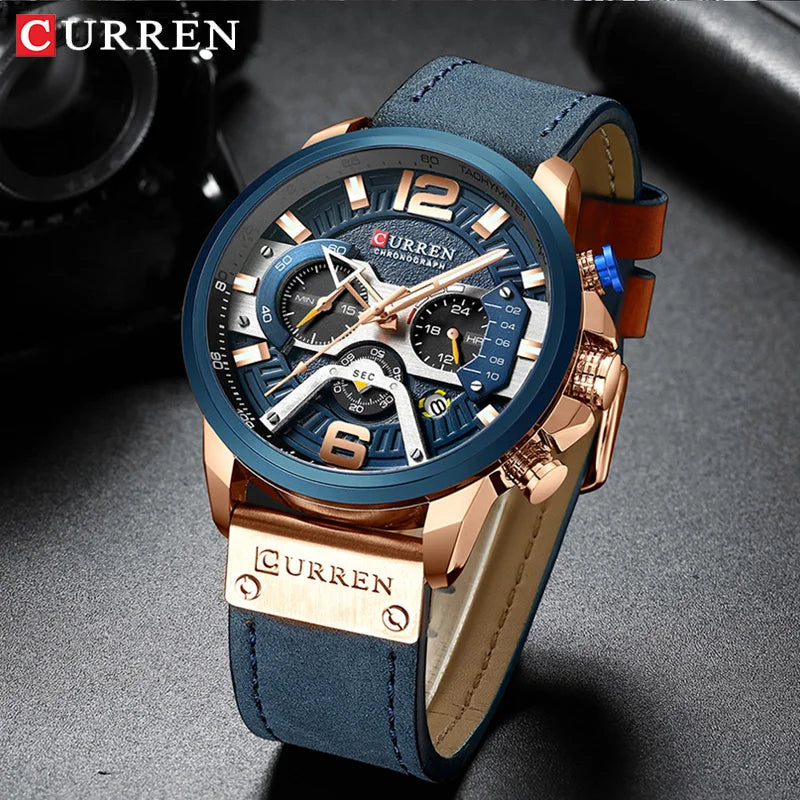 Men's Sports Chronograph Watch Leather Strap Military Style Casual Watch