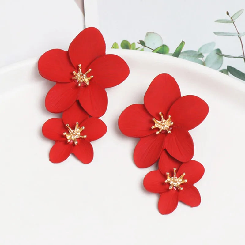 Double Flower Drop Earrings for Women Summer Beach Party Boho Jewelry - Gold, Red, Vermeil
