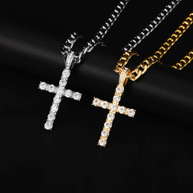 Men Women Hip Hop Cross Pendant Necklace with Zircon Tennis Chain - Trendy Bling Jewelry