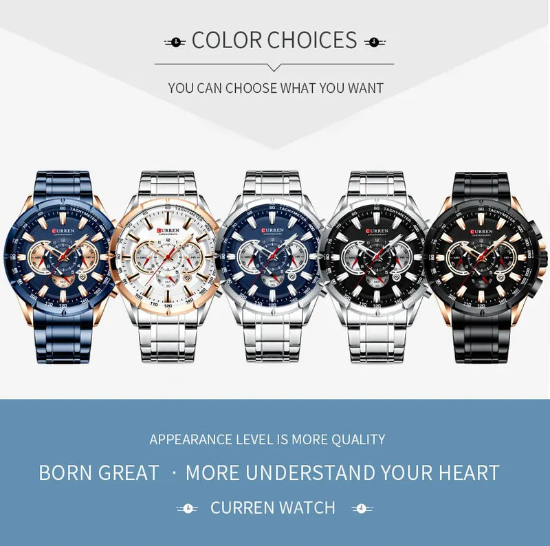 Men's Casual Sport Chronograph Watch with Stainless Steel Band and Big Dial
