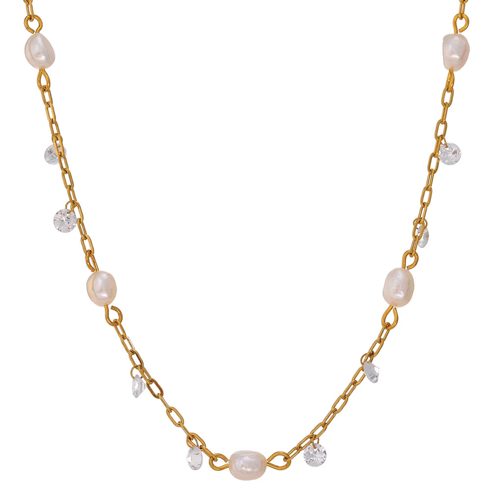 Women’s Stainless Steel Chain Necklace with Pearls and Cubic Zirconia