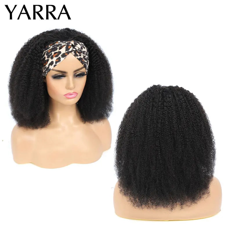 Kinky Curly Human Hair Headband Wig for Black Women - Full Machine Made, Brazilian Remy, 180% Density