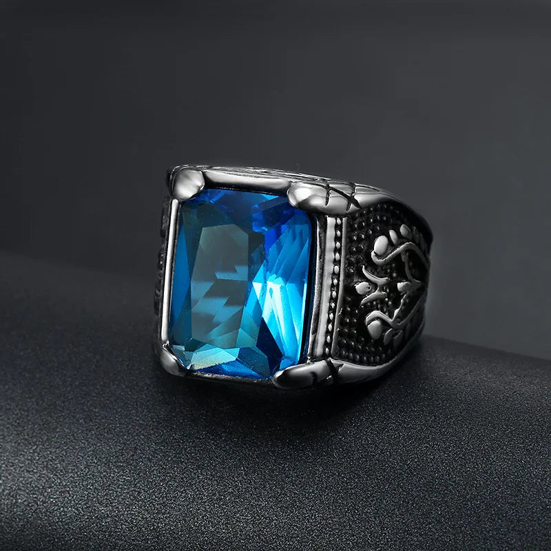 Men's Silver Signet Ring with Semi-Precious Stones - Stainless Steel Jewelry