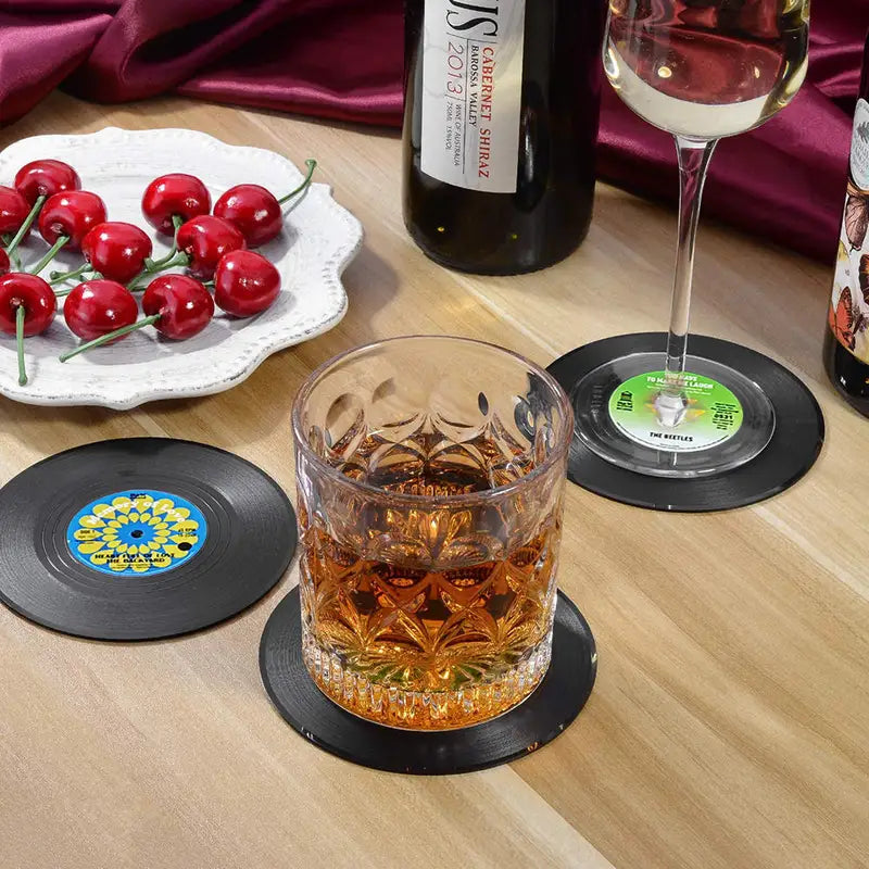 Set of 6 Vinyl Record Coasters with Holder - Retro Music Drink Pads