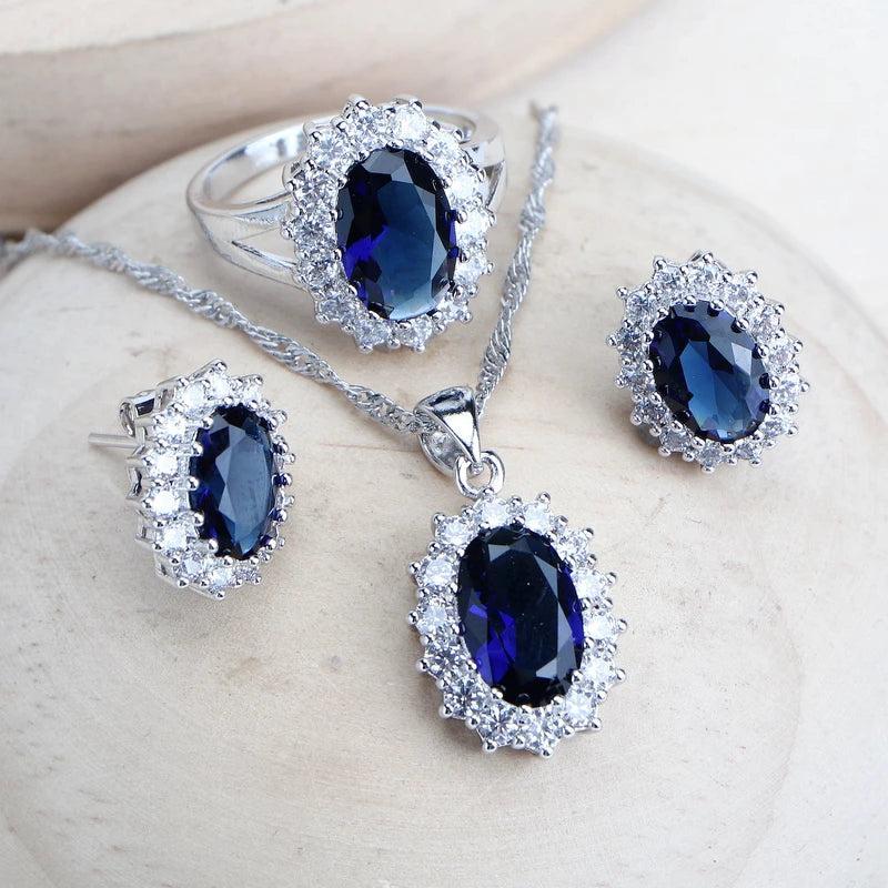 Silver 925 Women Bridal Jewelry Set with Blue Zirconia Necklace Earrings Rings Bracelets Pendant