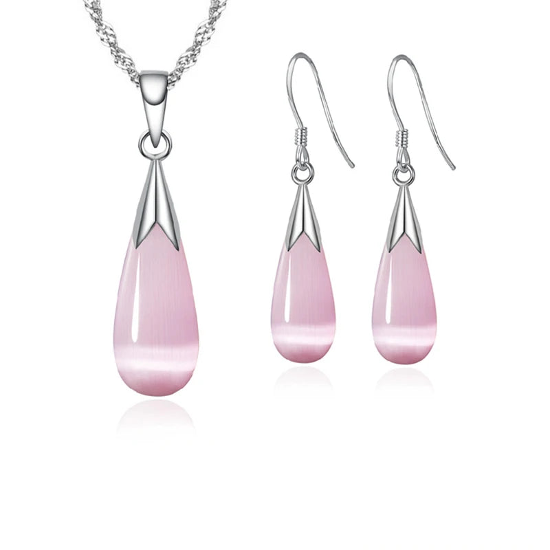 Sterling Silver Water Drop Opal Necklace & Earrings Jewelry Set - Wedding & Party
