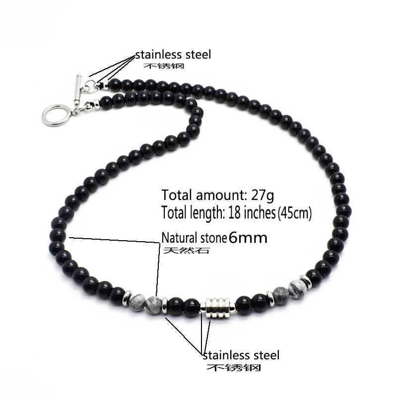 Mens Stone Necklace Hip Hop Punk Stainless Steel Natural Tiger Eye Beads Jewelry
