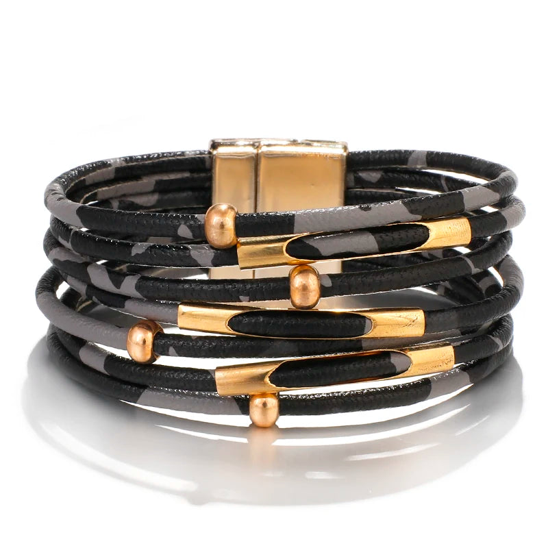 Leopard Leather Wrap Bracelet for Women Wide Boho Multi-Layer Jewelry