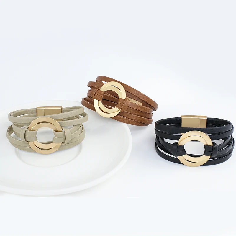 Boho Genuine Leather Wrap Bracelet for Women & Men with Hollow Circle Charm