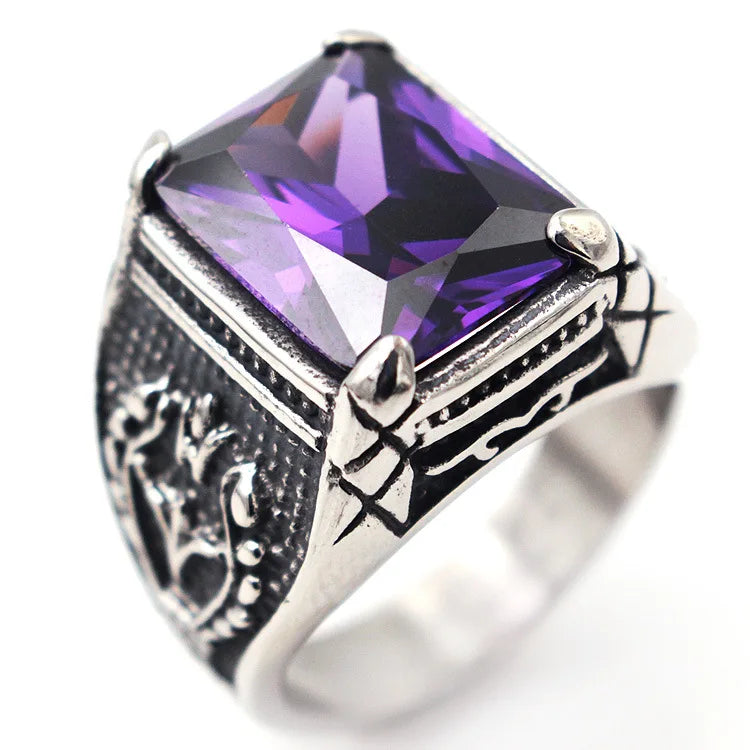 Men's Silver Signet Ring with Semi-Precious Stones - Stainless Steel Jewelry