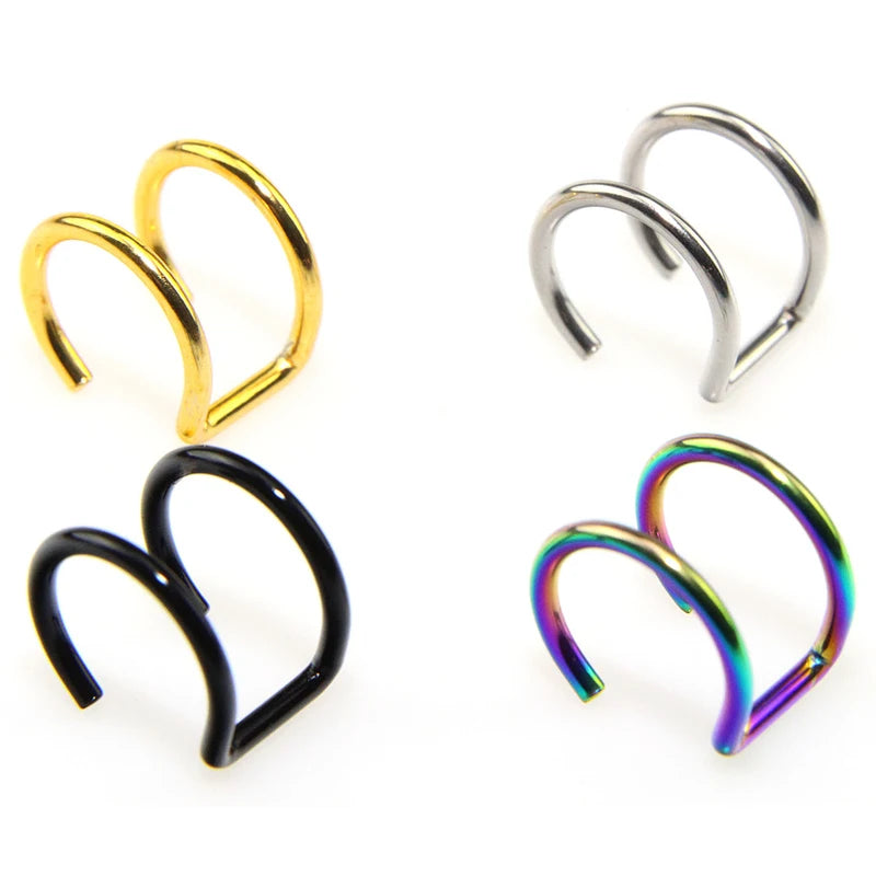 2PCS Punk Fake Piercings Stainless Steel Clip-On Earrings Non-Piercing Lip & Mouth Rings Body Jewelry for Women