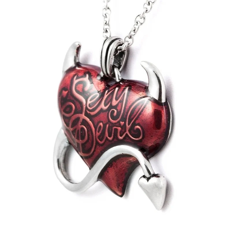 Retro Gothic Red Heart Demon Pendant Necklace for Men Women Biker Punk Jewelry Gift