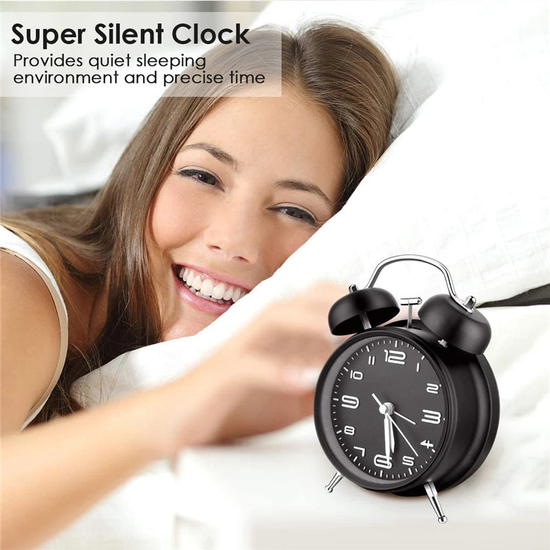 Twin Bell Alarm Clock Metal Frame with Backlight - Loud & Silent Desk Clock