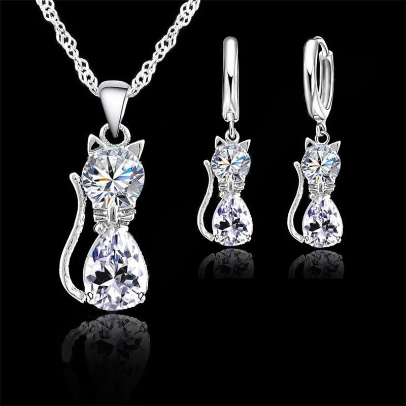 Sterling Silver Jewelry Set for Women and Girls with Cat Pendant and Earrings