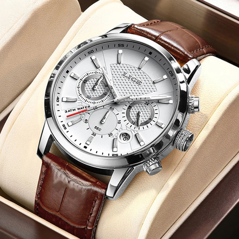 Men's Sports Quartz Watch with Leather Strap Waterproof Date