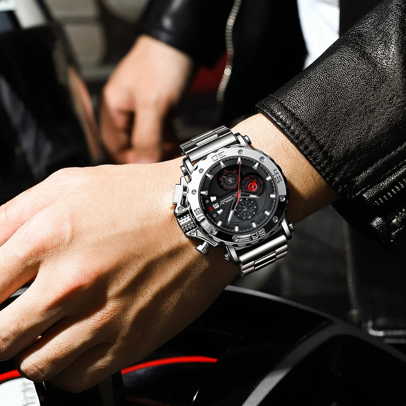 Men's Luxury Stainless Steel Waterproof Chronograph Watch with Big Dial and Date