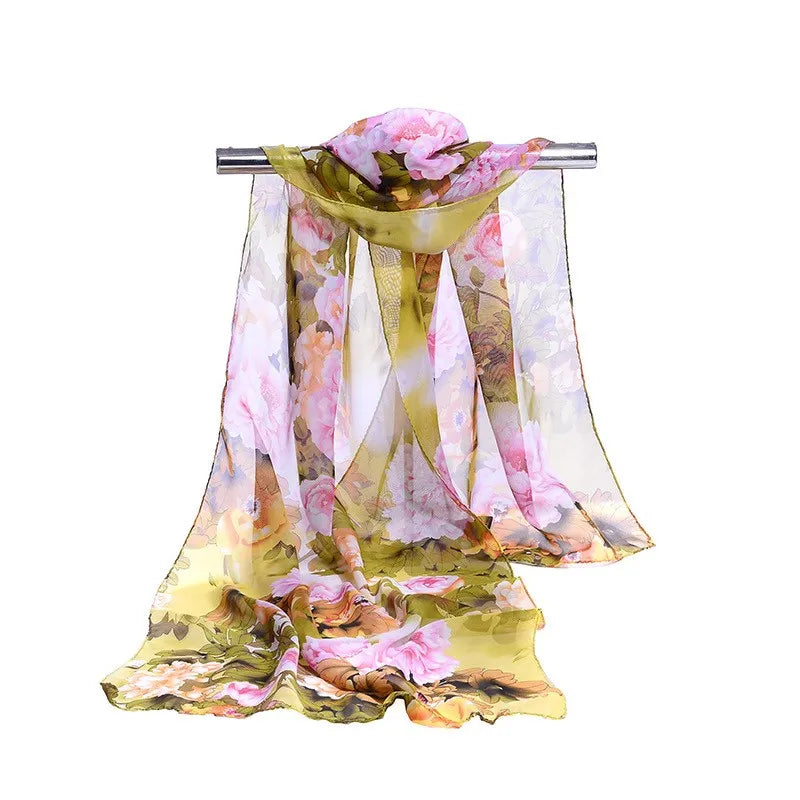 Fashion Print Chiffon Scarf with Floral and Striped Designs - Multiple Colors