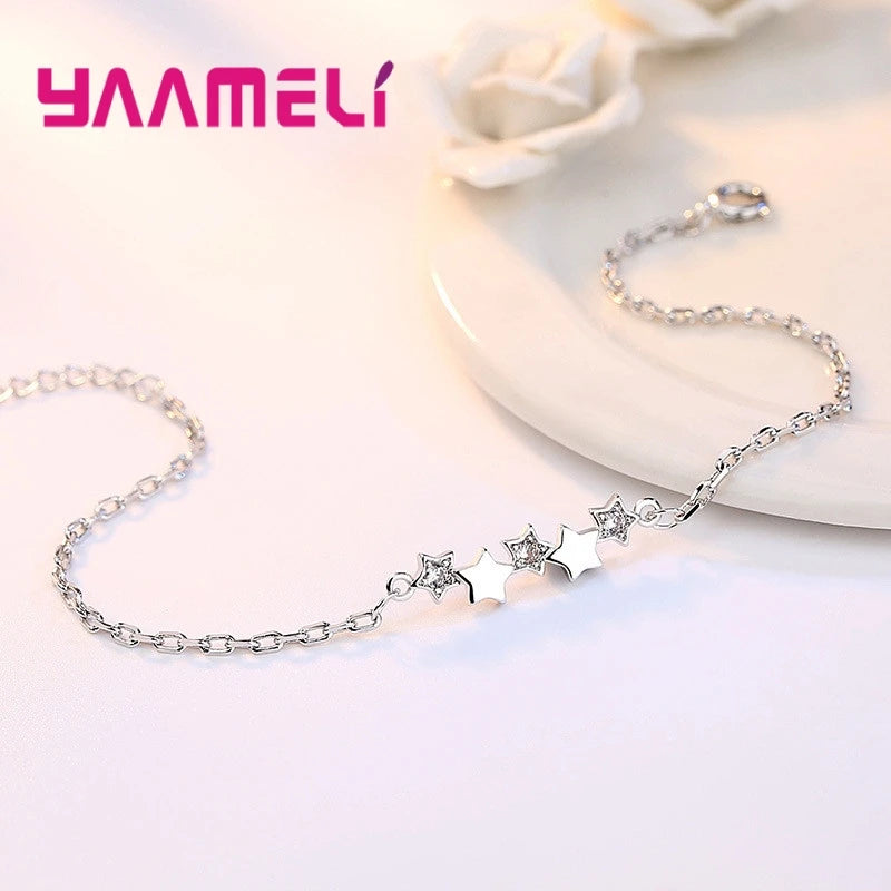 925 Sterling Silver Crystal Star Charm Bracelet Women Girls Jewelry Gift