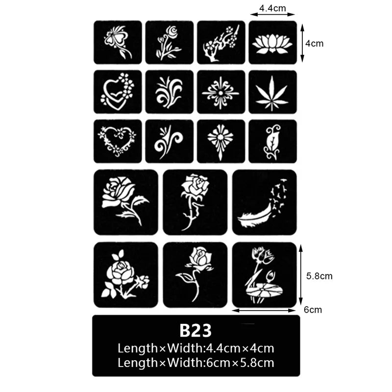 Henna Tattoo Stencil Kit with 29 Styles for Body & Face Art - Airbrush & Glitter