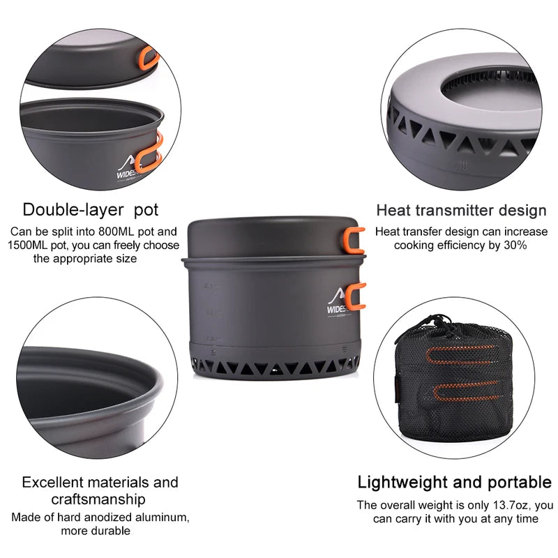 Camping Cookware Set 1.3L & 2.3L Hard Anodized Aluminum for 2-3 Persons