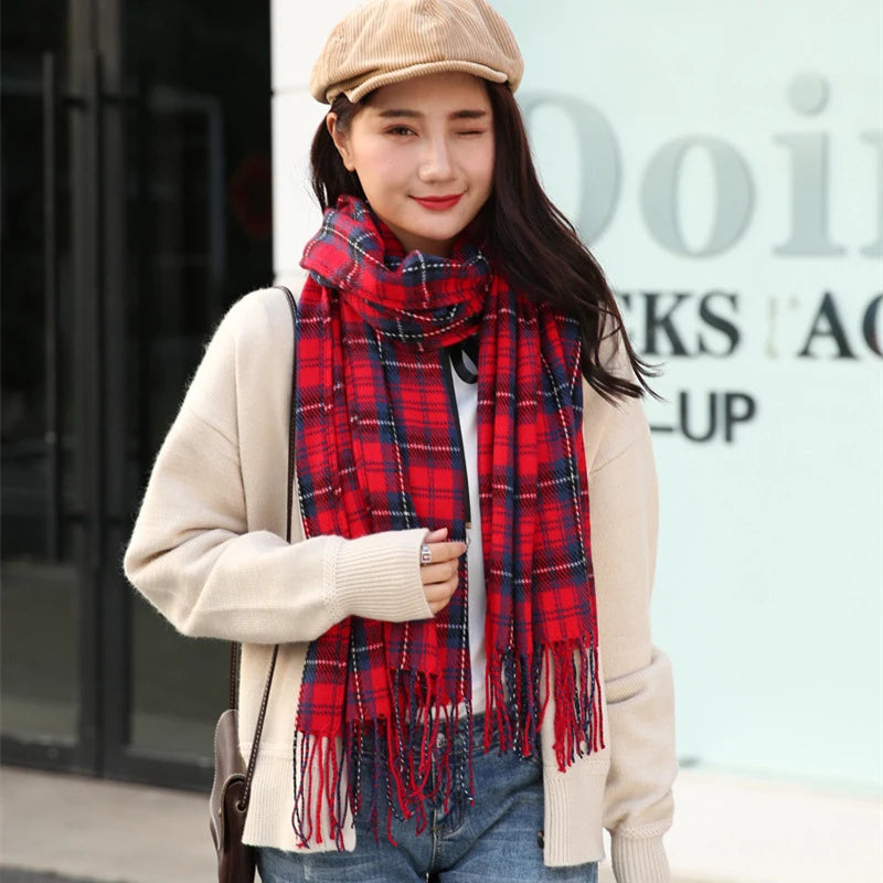 Women Cashmere Scarf Wool Plaid Wrap Long Shawl Warm Winter Accessory