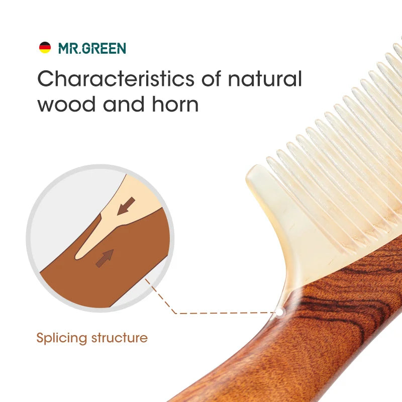 Natural Wood Hair Comb with Horn Splicing, Anti-Static, Massage & Acupuncture Points