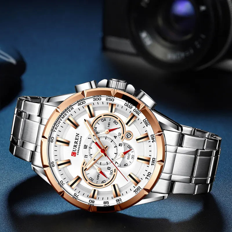 Men's Casual Sport Chronograph Watch with Stainless Steel Band and Big Dial