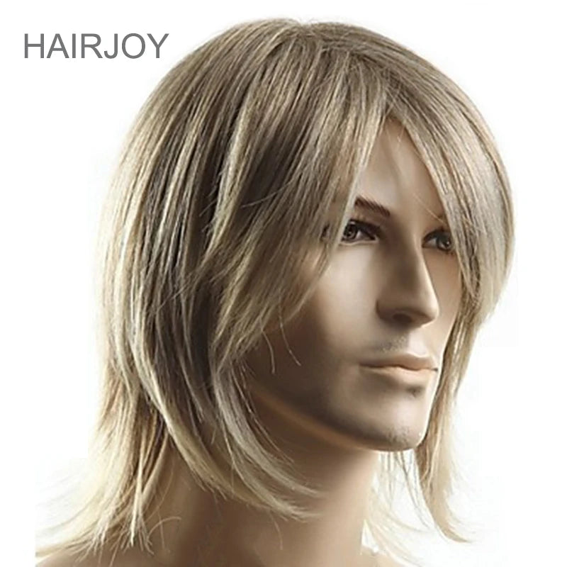 Men's Synthetic Hair Wig - Medium Length Straight Cosplay Wig, Heat-Resistant Fiber