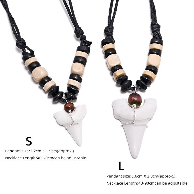 Hawaii Surfer Jewelry Pendant Necklace with Imitation Shark Teeth Tribal Bone Charm Adjustable Chain
