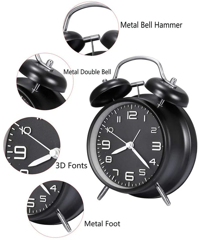 Twin Bell Alarm Clock Metal Frame with Backlight - Loud & Silent Desk Clock