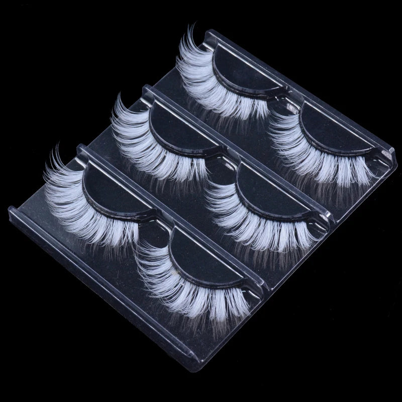 3 Pairs White Cosplay False Eyelashes Fluffy Natural Vegan Bulk for Halloween
