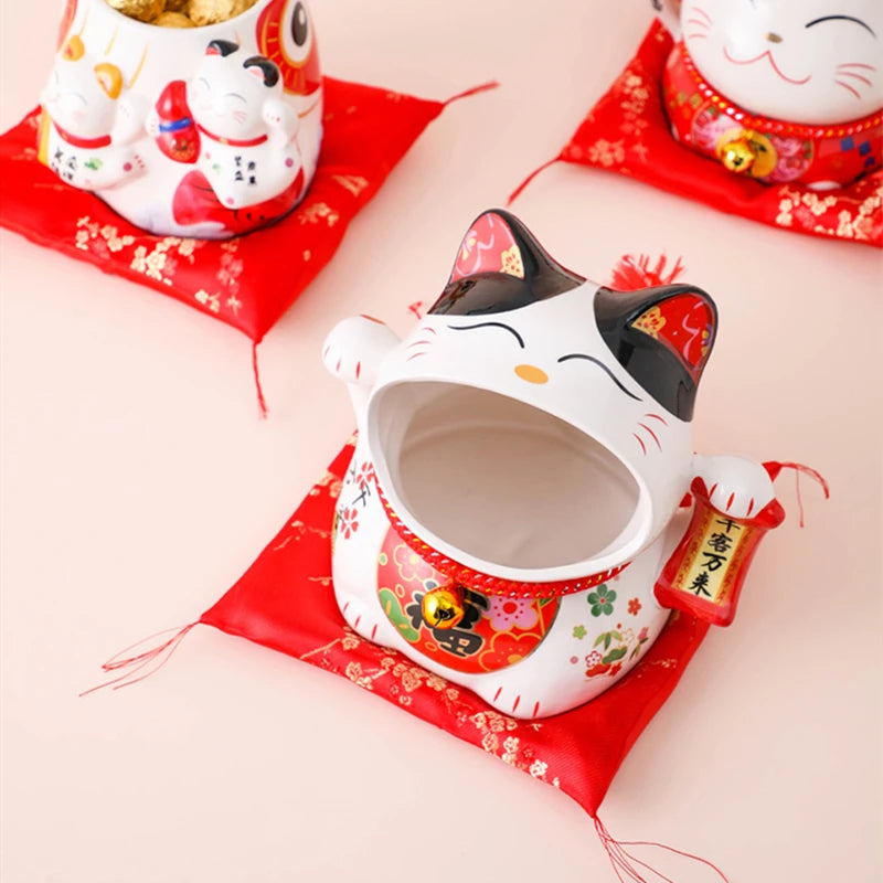 Ceramic Lucky Cat Storage Jar - Japanese Style Candy Container, Home Decor