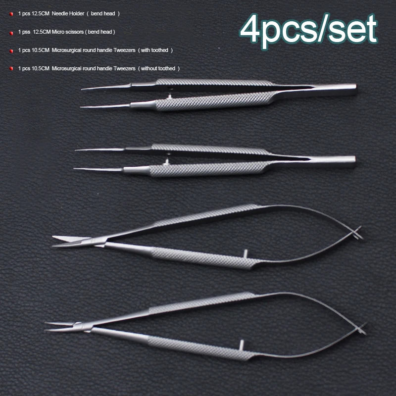 4-Piece Microsurgical Instrument Set - Stainless Steel Ophthalmic Surgery Tools