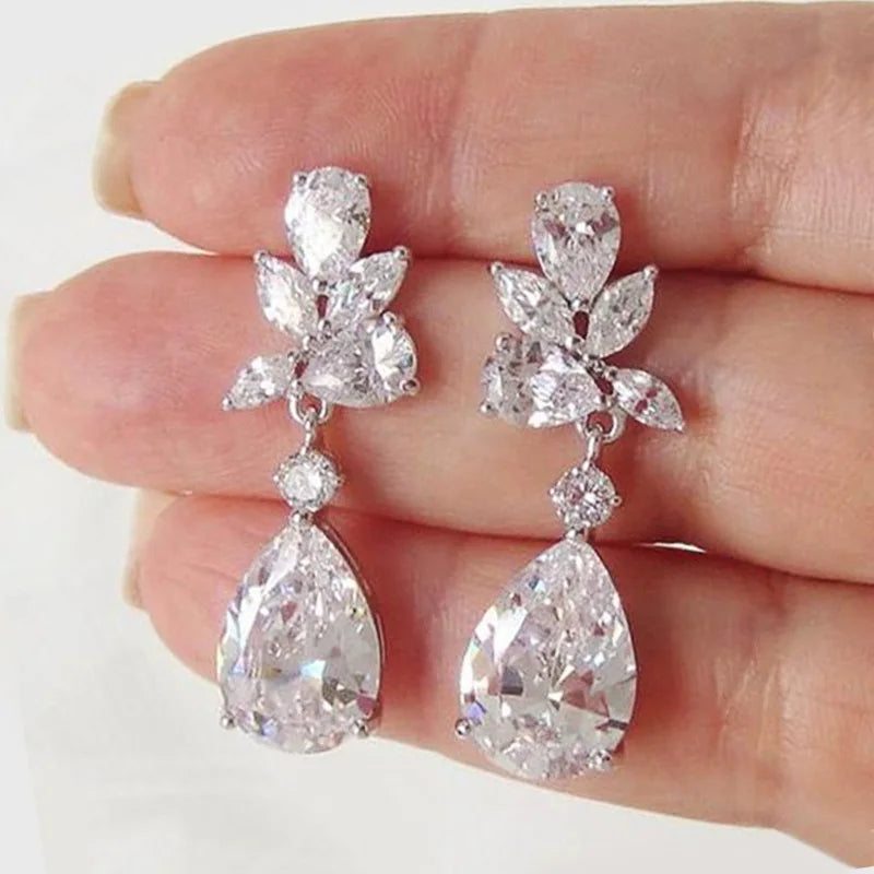 Crystal Drop Earrings with Cubic Zirconia - Trendy Silver Tone Women Jewelry