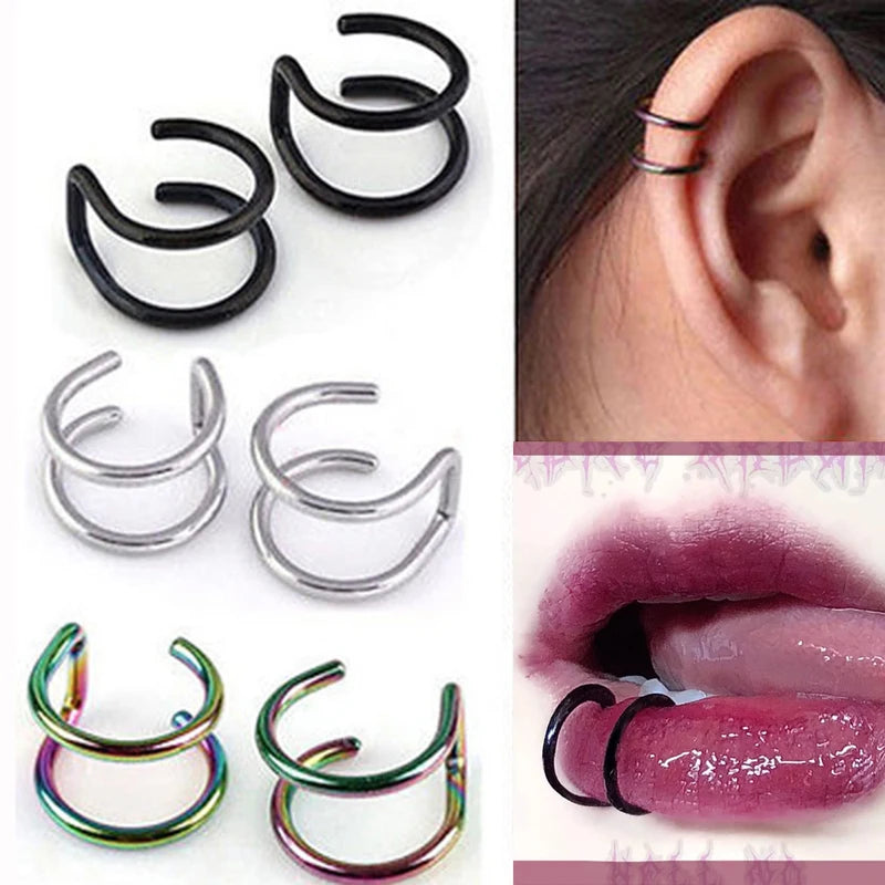 2PCS Punk Fake Piercings Stainless Steel Clip-On Earrings Non-Piercing Lip & Mouth Rings Body Jewelry for Women