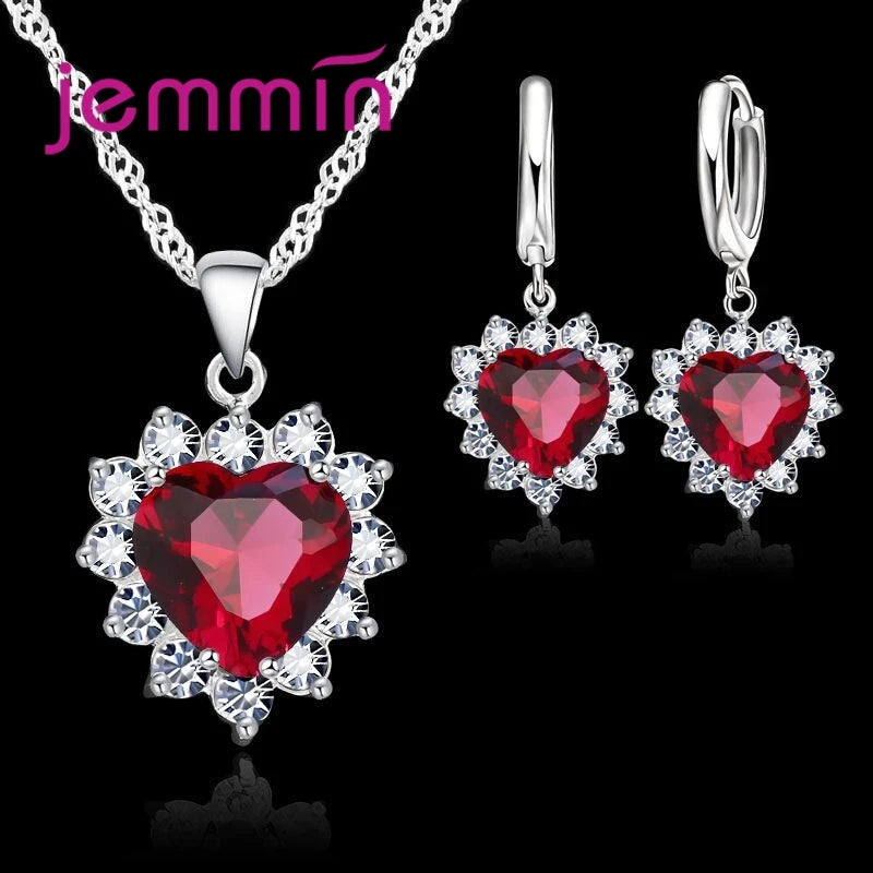 Sterling Silver Heart Pendant Jewelry Set with Hoop Earrings for Women Girls - Wedding Engagement Gift